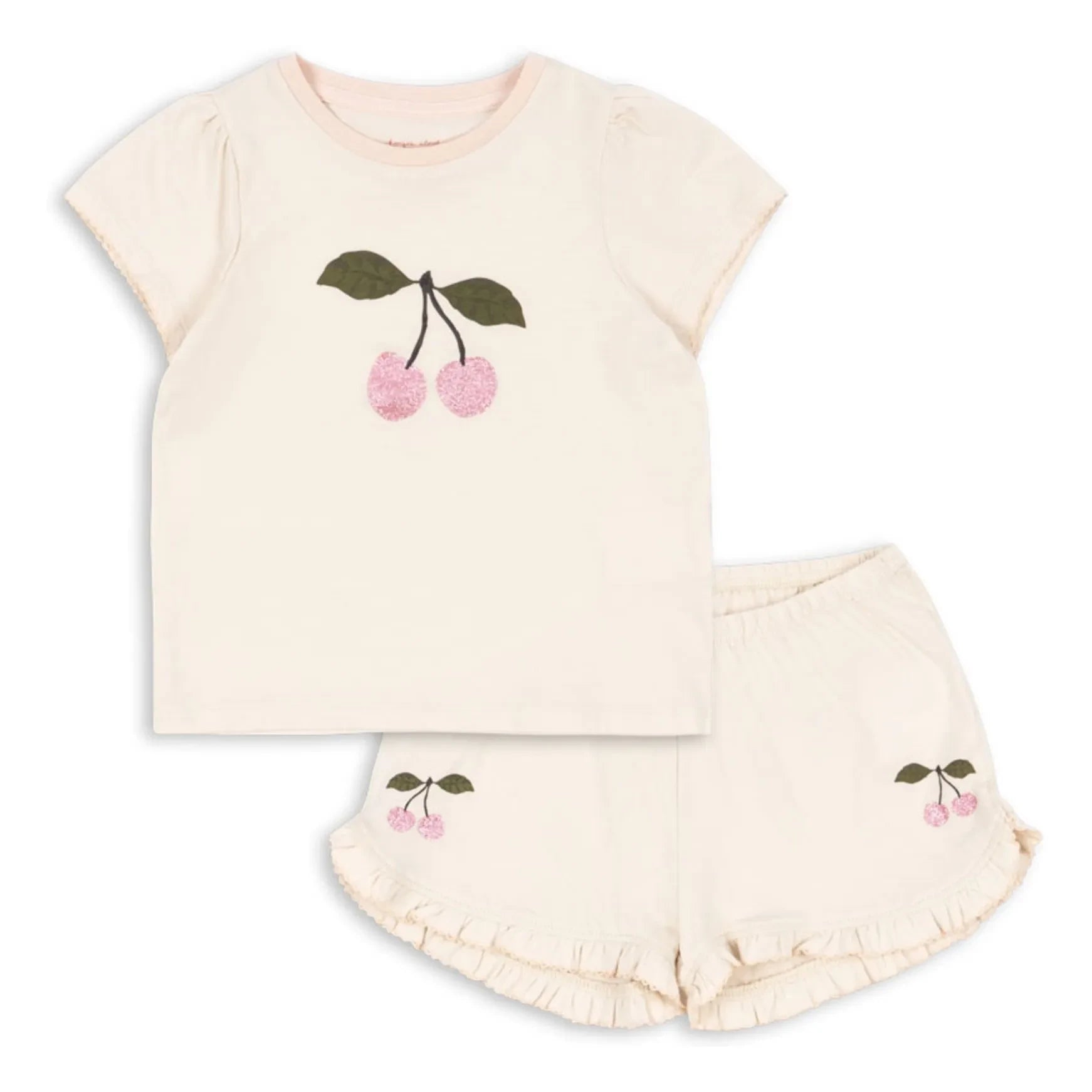 Konges Sløjd - Conjunto de camiseta y pantalón corto con volantes de algodón orgánico Famo Cerises | Crema