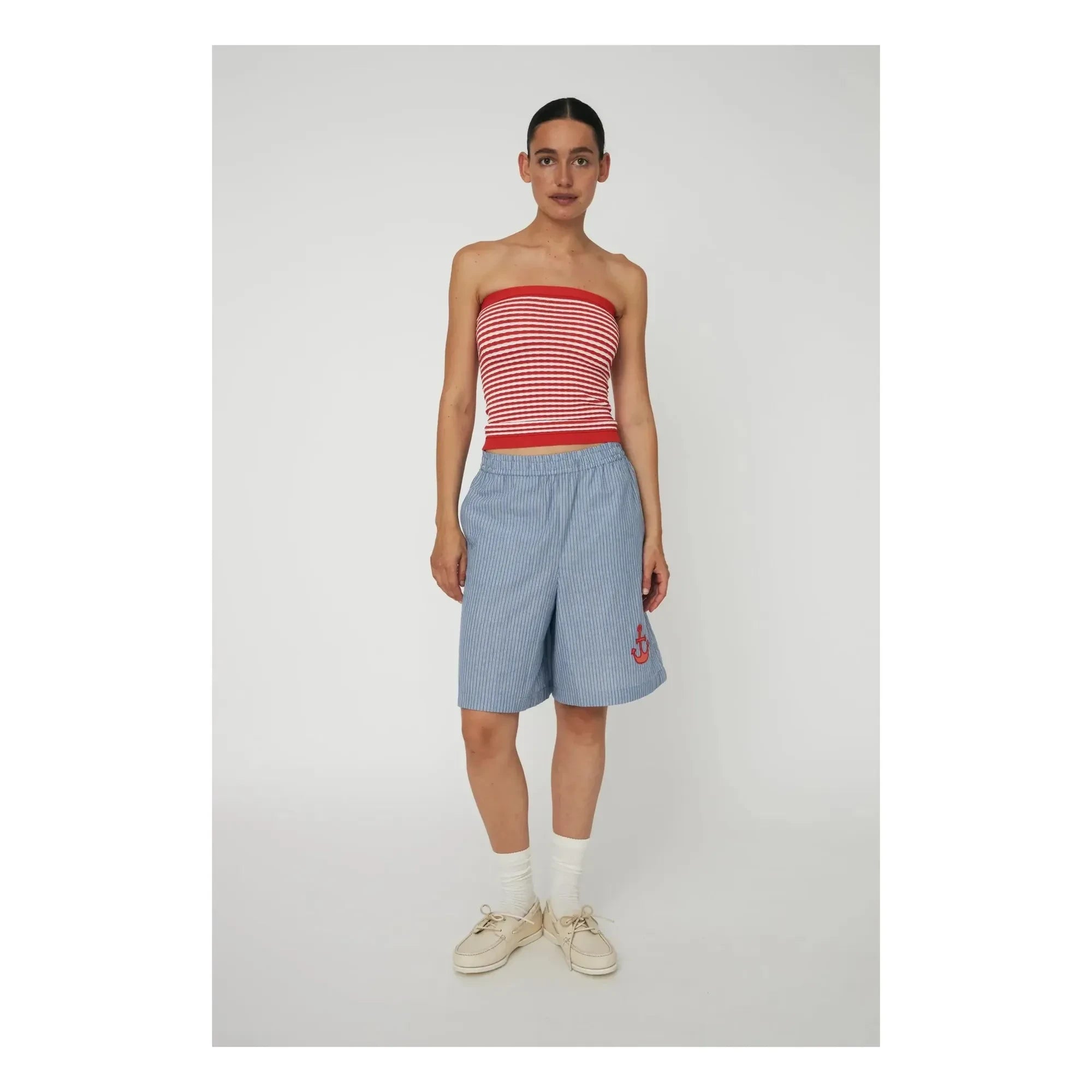 Stella Nova - Pantalones cortos de algodón orgánico a rayas con bordado | Azul
