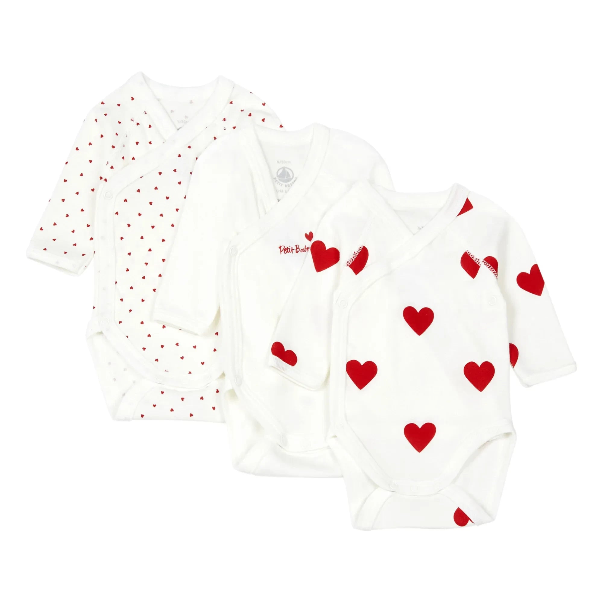 Petit Bateau - Conjunto de 3 peleles de algodón orgánico Cœur con tirantes cruzados | Rojo