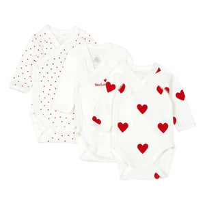 Petit Bateau - Conjunto de 3 peleles de algodón orgánico Cœur con tirantes cruzados | Rojo