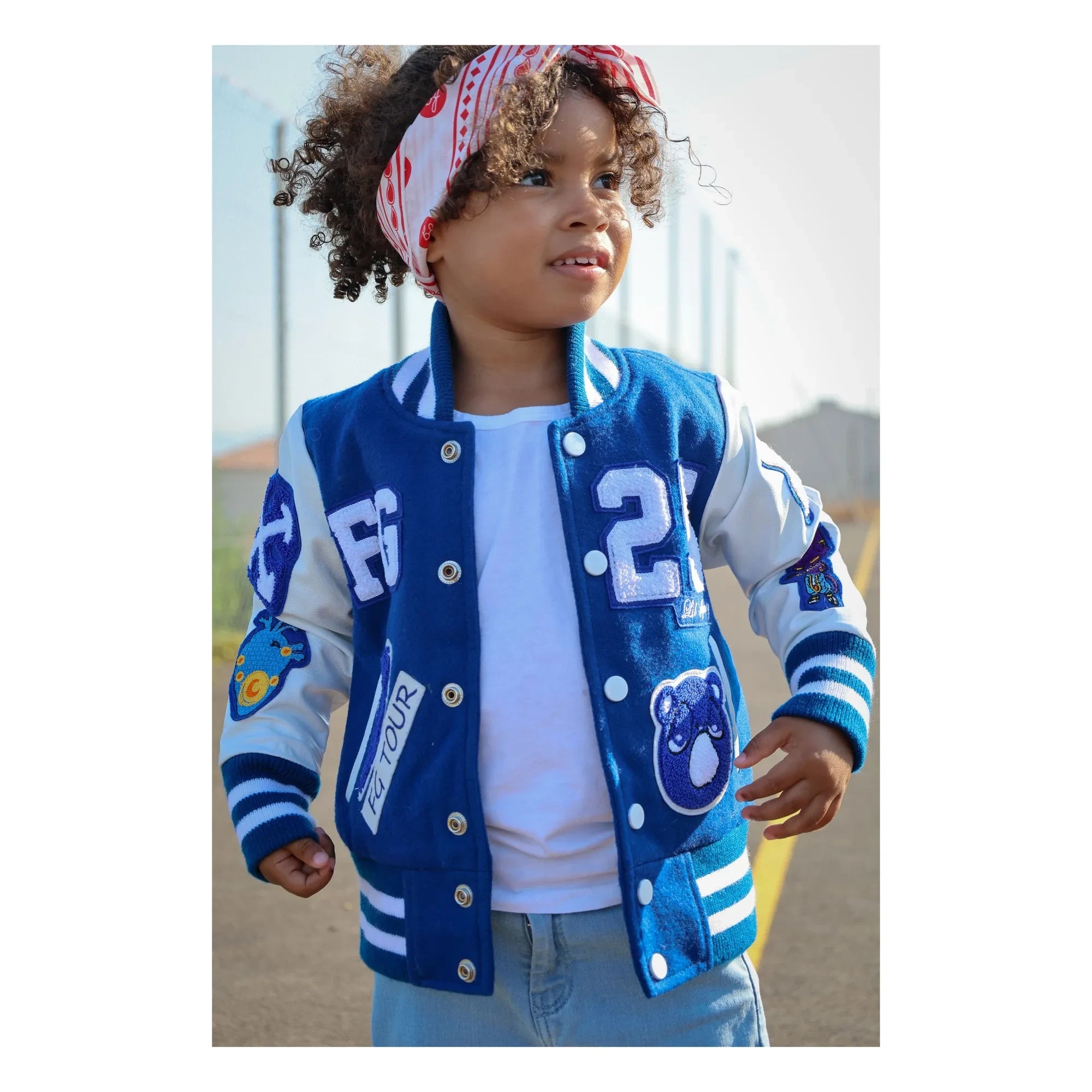 Niño Niña - Chaqueta Bomber Letterman de Cuero Estupenda | Azul