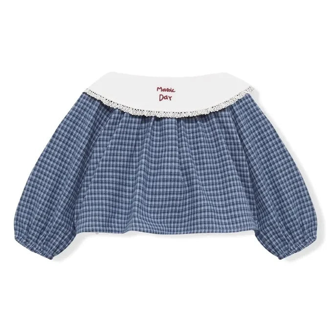 birinit - Organik pamuklu Vichy bluz ve bloomer seti | İndigo mavi