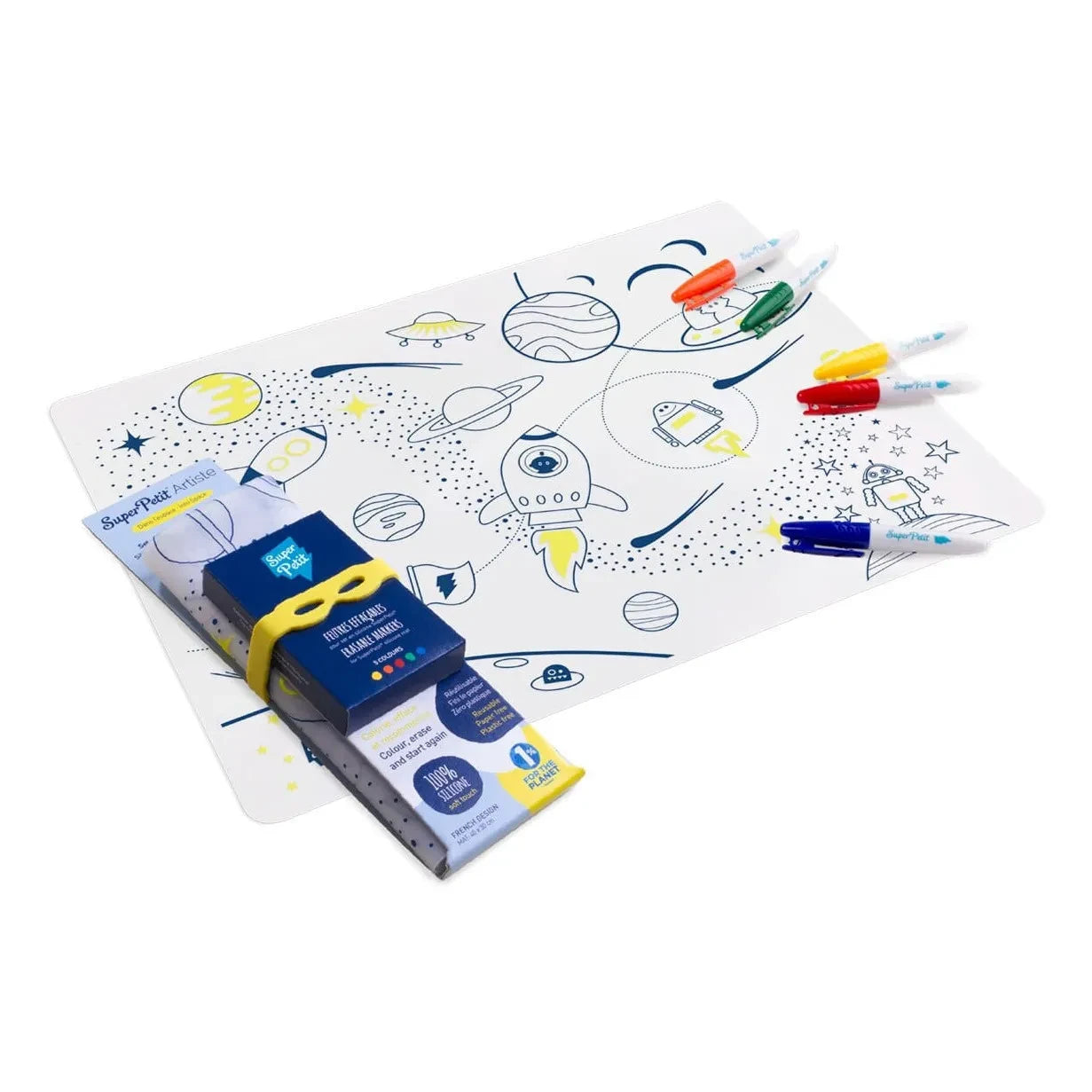 Superpetit - Set de Mesa para Colorear con 5 Rotuladores y Pulsera de Superhéroe