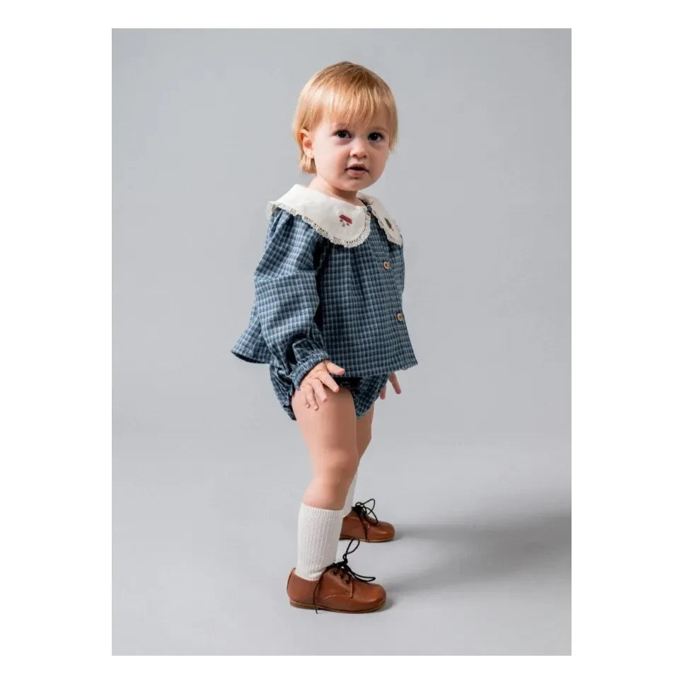 birinit - Organik pamuklu Vichy bluz ve bloomer seti | İndigo mavi