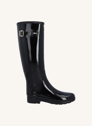 Hunter - Botas de cuero Wellington con acabamento brillante de biés dorado | Negro brillante