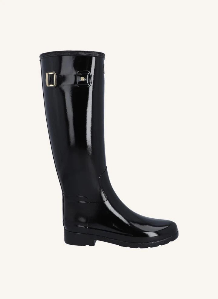 Hunter - Botas de cuero Wellington con acabamento brillante de biés dorado | Negro brillante