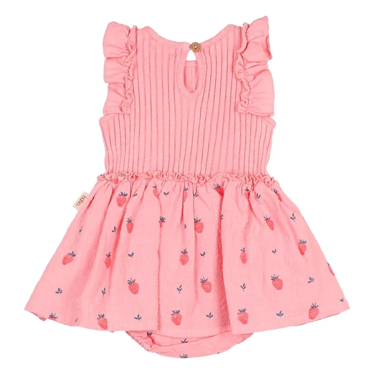 Búho - Body de canalé de algodón orgánico con estampado de fresas | Rosa suave