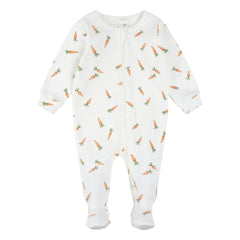 Petit Lem - Pijama con pies con zanahorias, algodón orgánico acanalado | Blanco