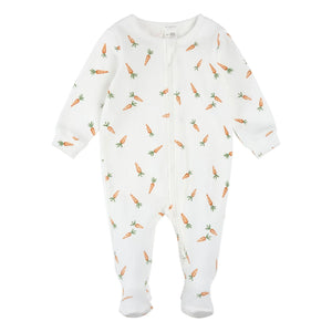 Petit Lem - Pijama con pies con zanahorias, algodón orgánico acanalado | Blanco
