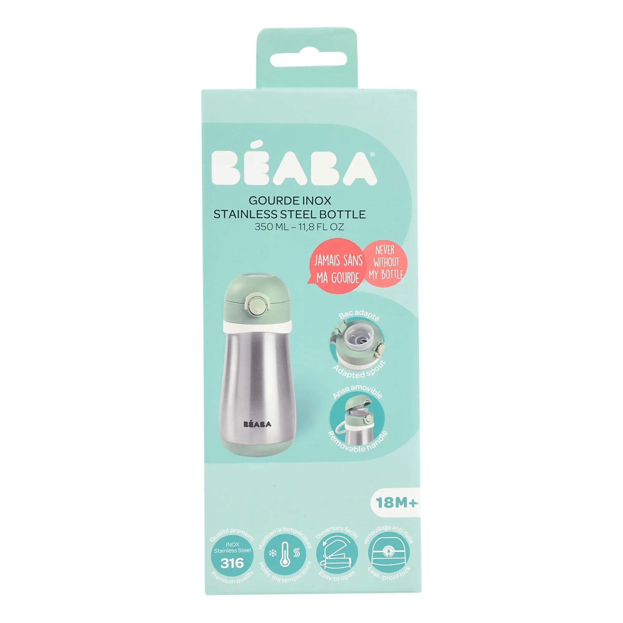 Béaba - Botella de Agua de Acero Inoxidable - 350 ml | Sage