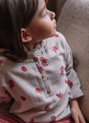 Studio Bohème - Blusa de Algodón Orgánico con Estampado de Flor de Nar, Cuello Fruncido | Azul Claro