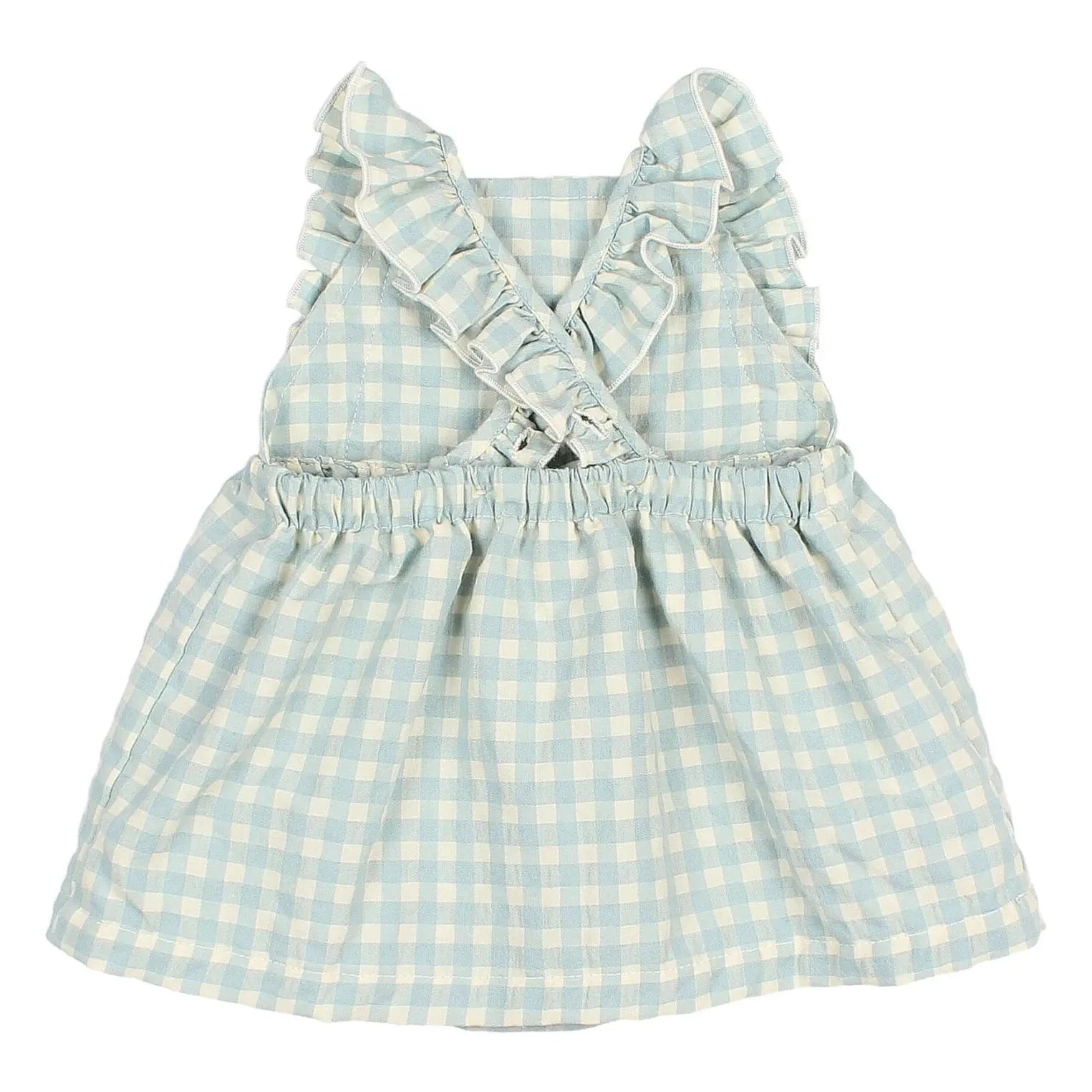 Búho - Vestido enterito de algodón orgánico seersucker con volantes a cuadros | Aqua
