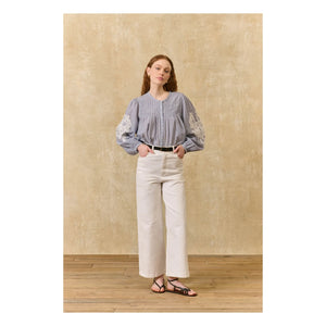Louise Misha - Blusa Jally a Rayas de Algodón Orgánico | Azul
