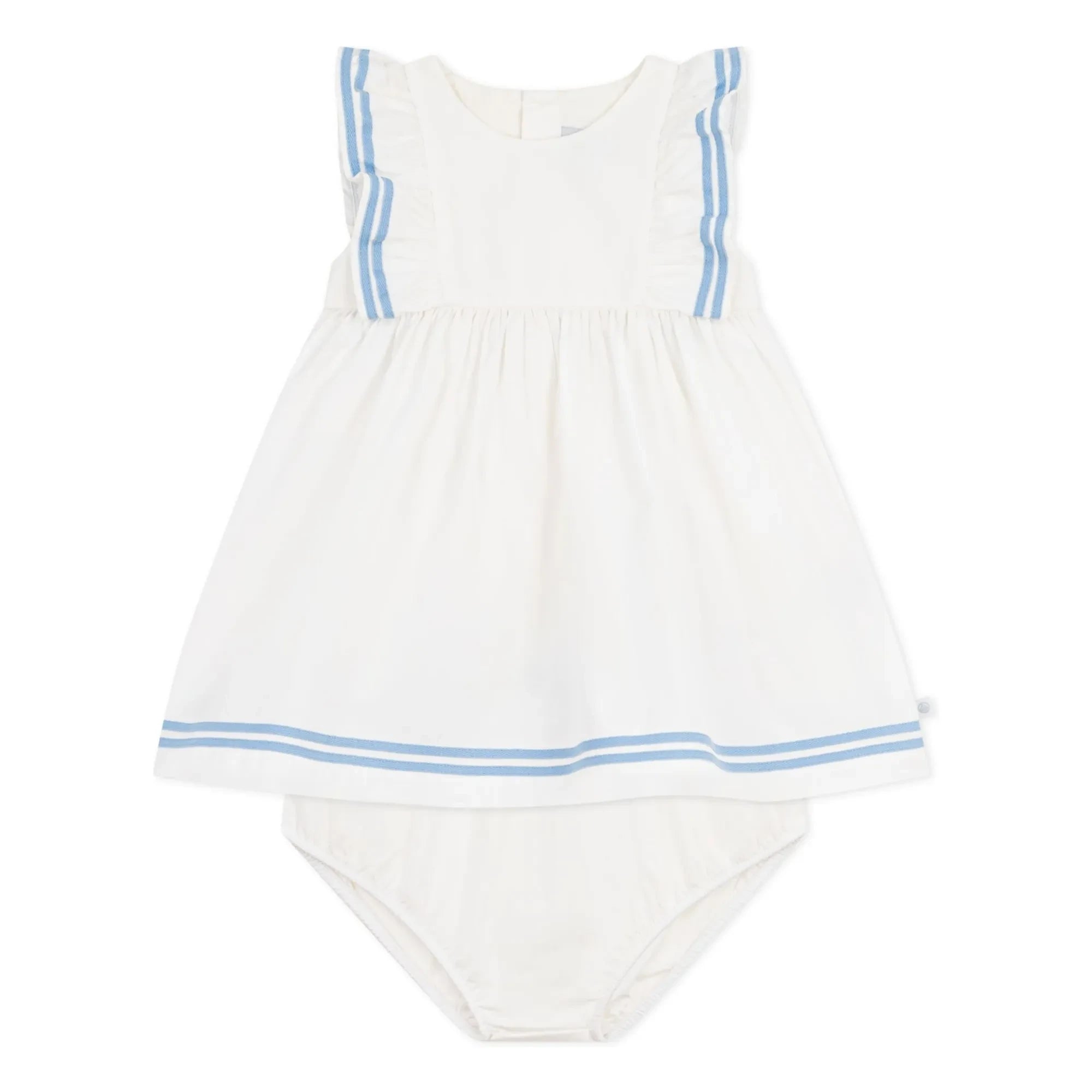 Petit Bateau - Conjunto de vestido y peto popelín orgánico marinero | Blanco