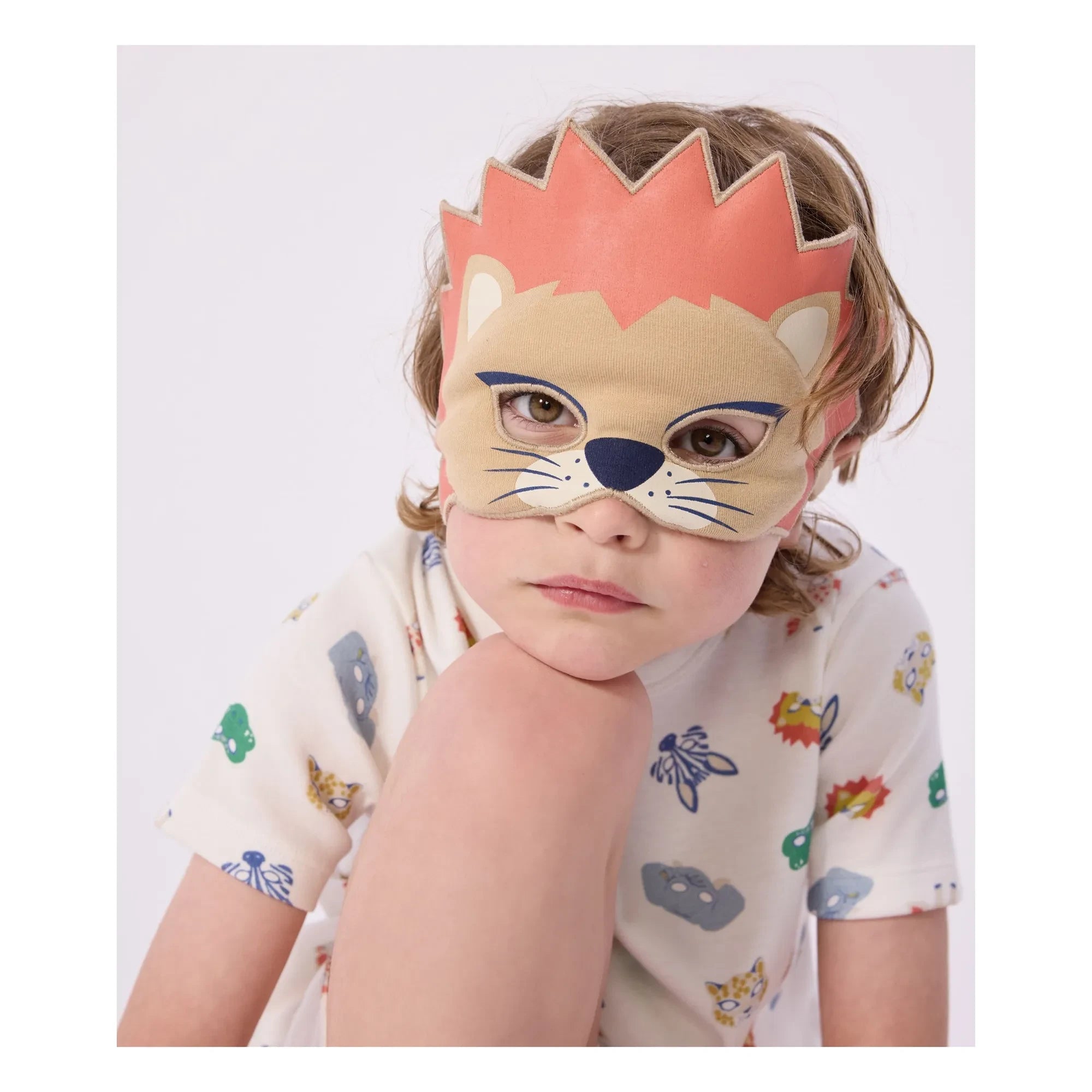 Petit Bateau - Conjunto de pijama corto con máscara de león de algodón orgánico | Blanco
