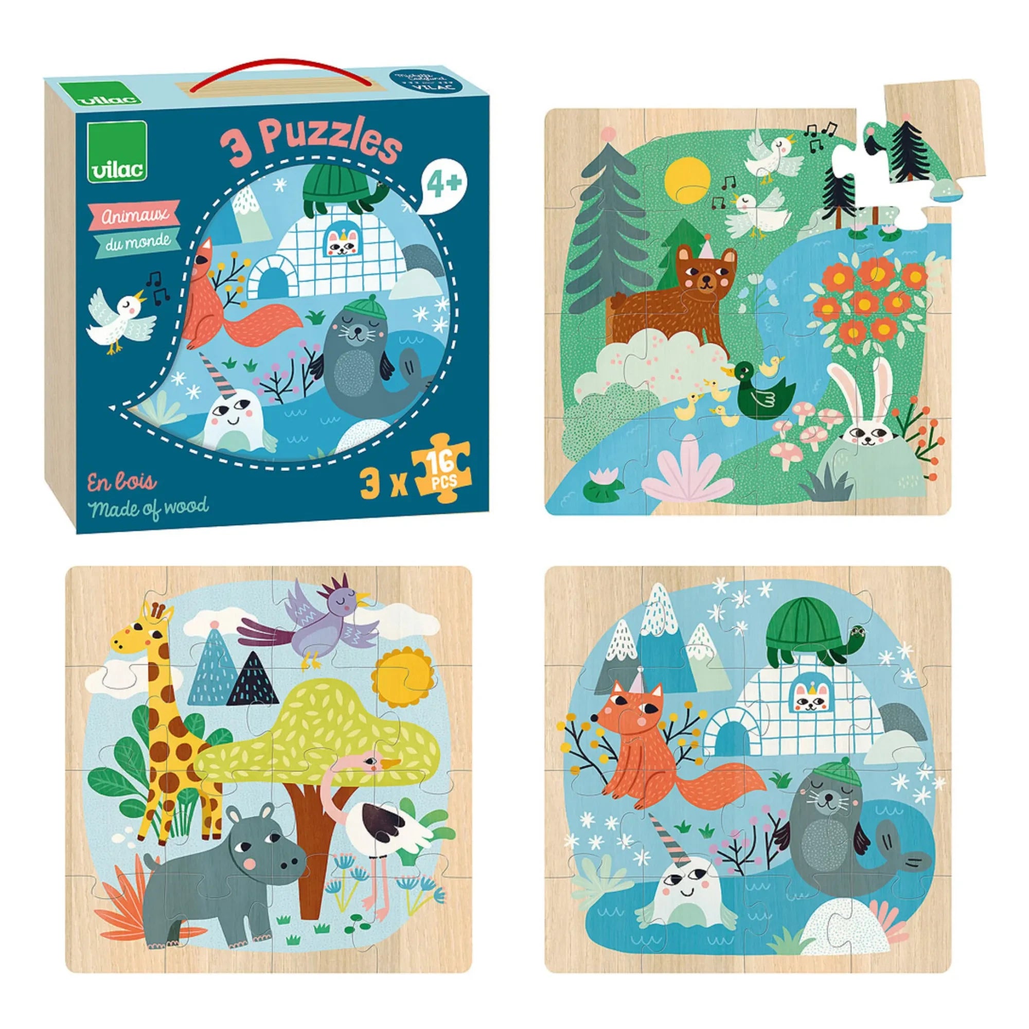Vilac - Set de 3 Puzles de Animales del Mundo - 16 Piezas