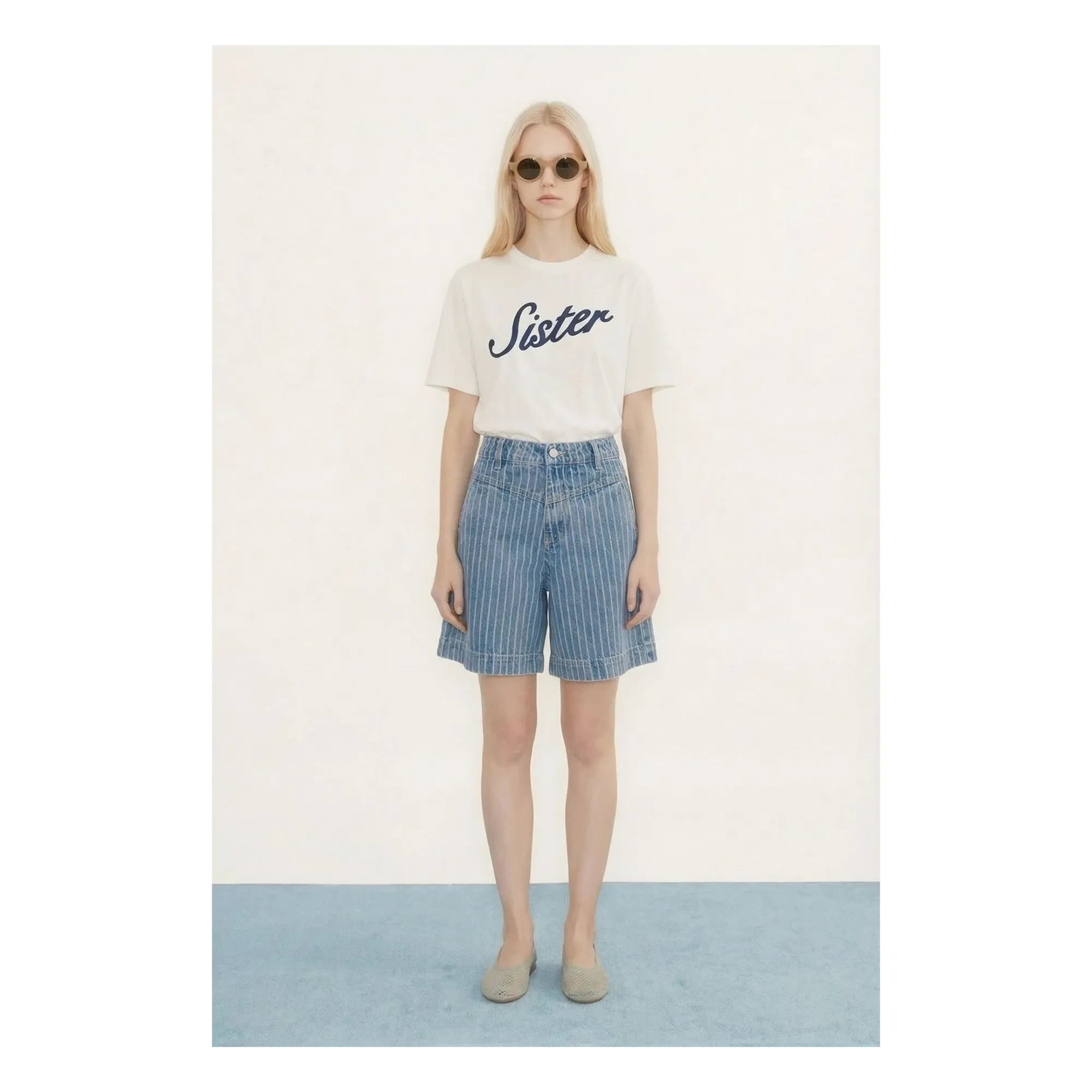 The Tiny Big Sister - Short de rayas de algodón | Azul denim