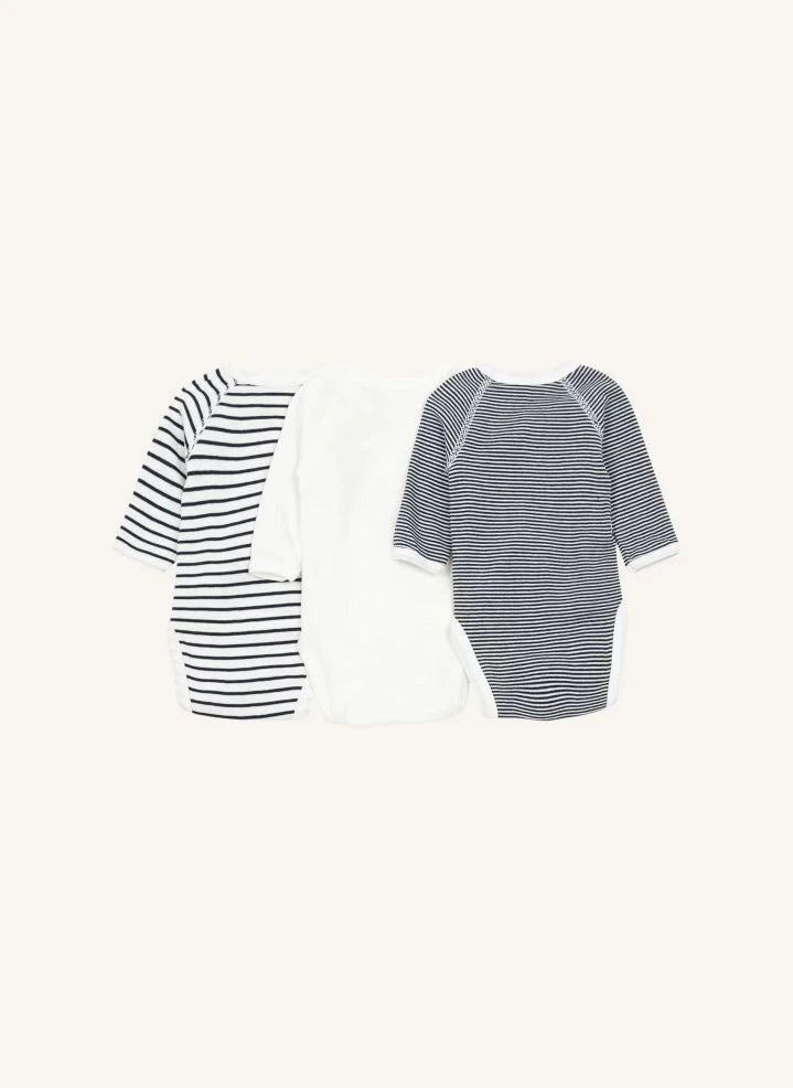 Petit Bateau - Petos cruzados a rayas para recién nacido - Set de 3 | Blanco