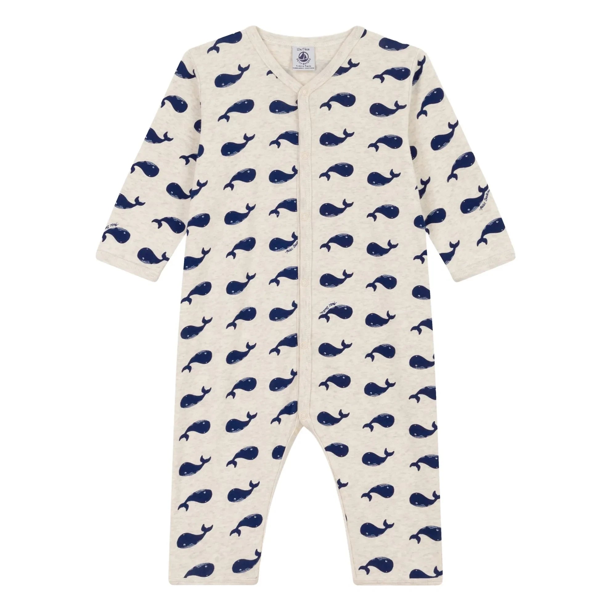 Petit Bateau - Pijama de algodón orgánico sin pie con ballenas | Gris oscuro beis
