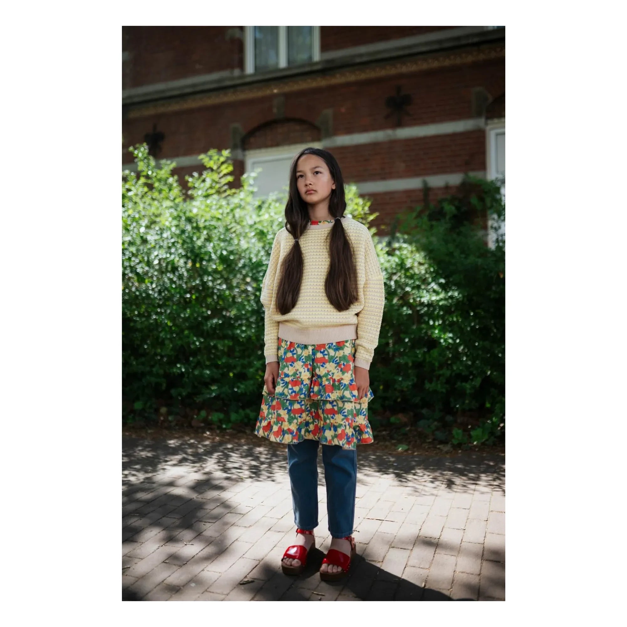 Repose AMS - Vestido de algodón orgánico con estampado floral y volantes | Amarillo claro