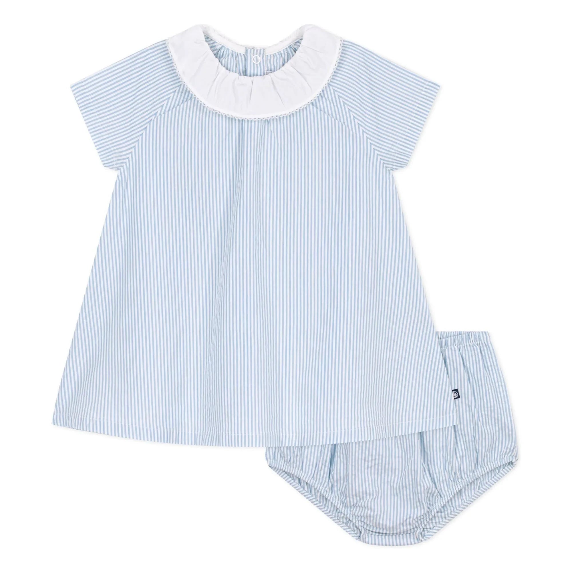 Petit Bateau - Conjunto de vestido con cuello y braguita a rayas de algodón orgánico seersucker | Azul