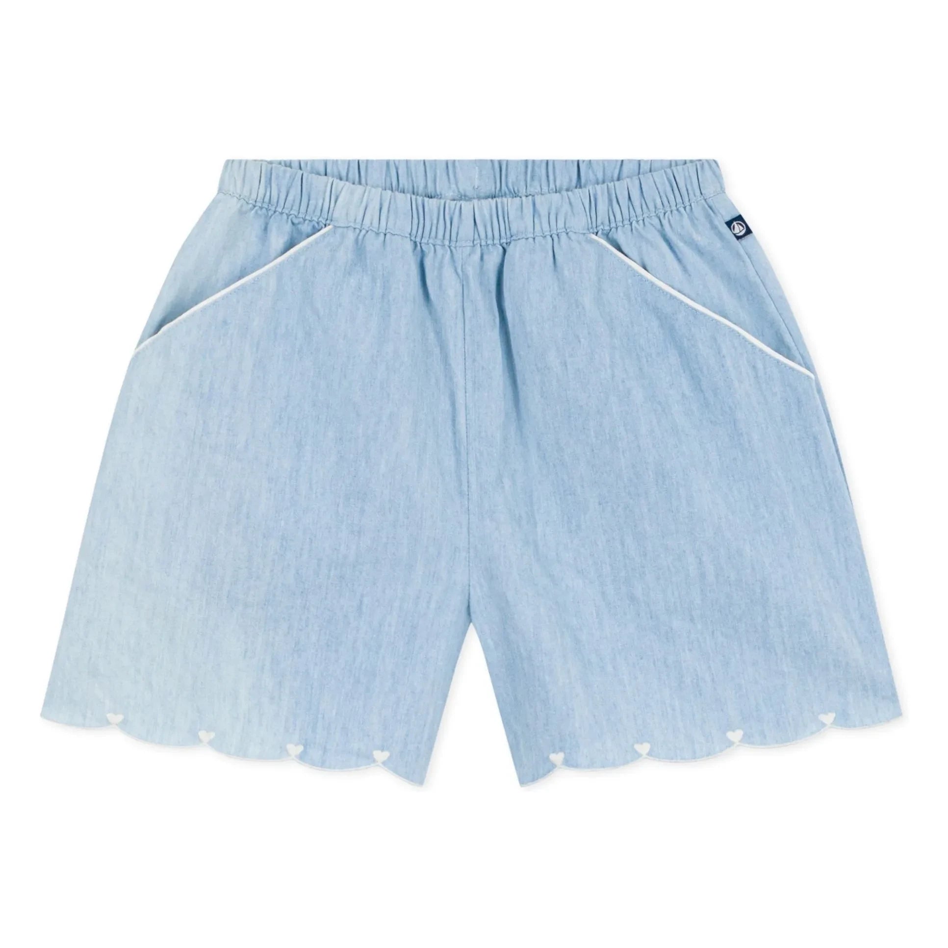 Petit Bateau - Pantalón corto de chambray de algodón orgánico con corazones | Azul claro