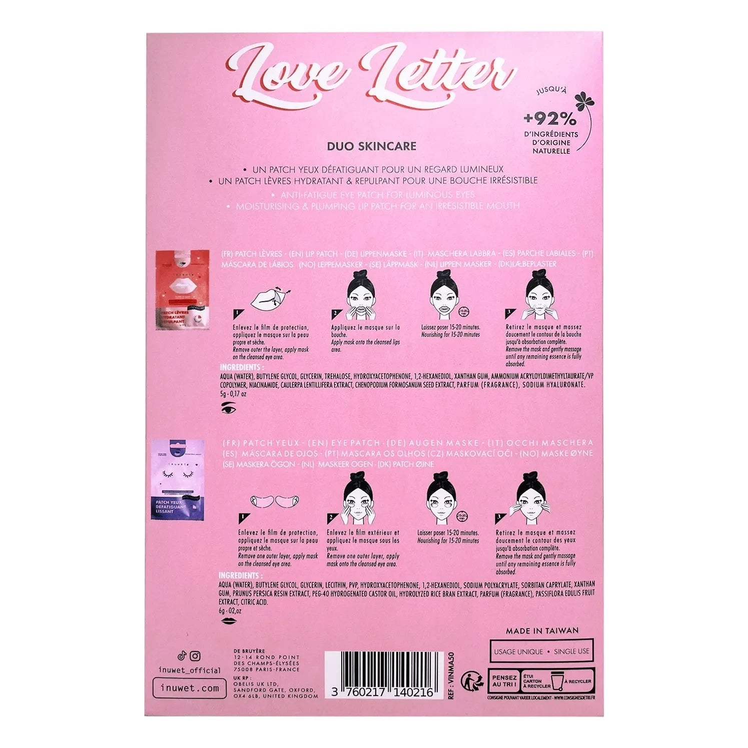 Inuwet - Carta de Amor Mascarilla para Ojos y Labios