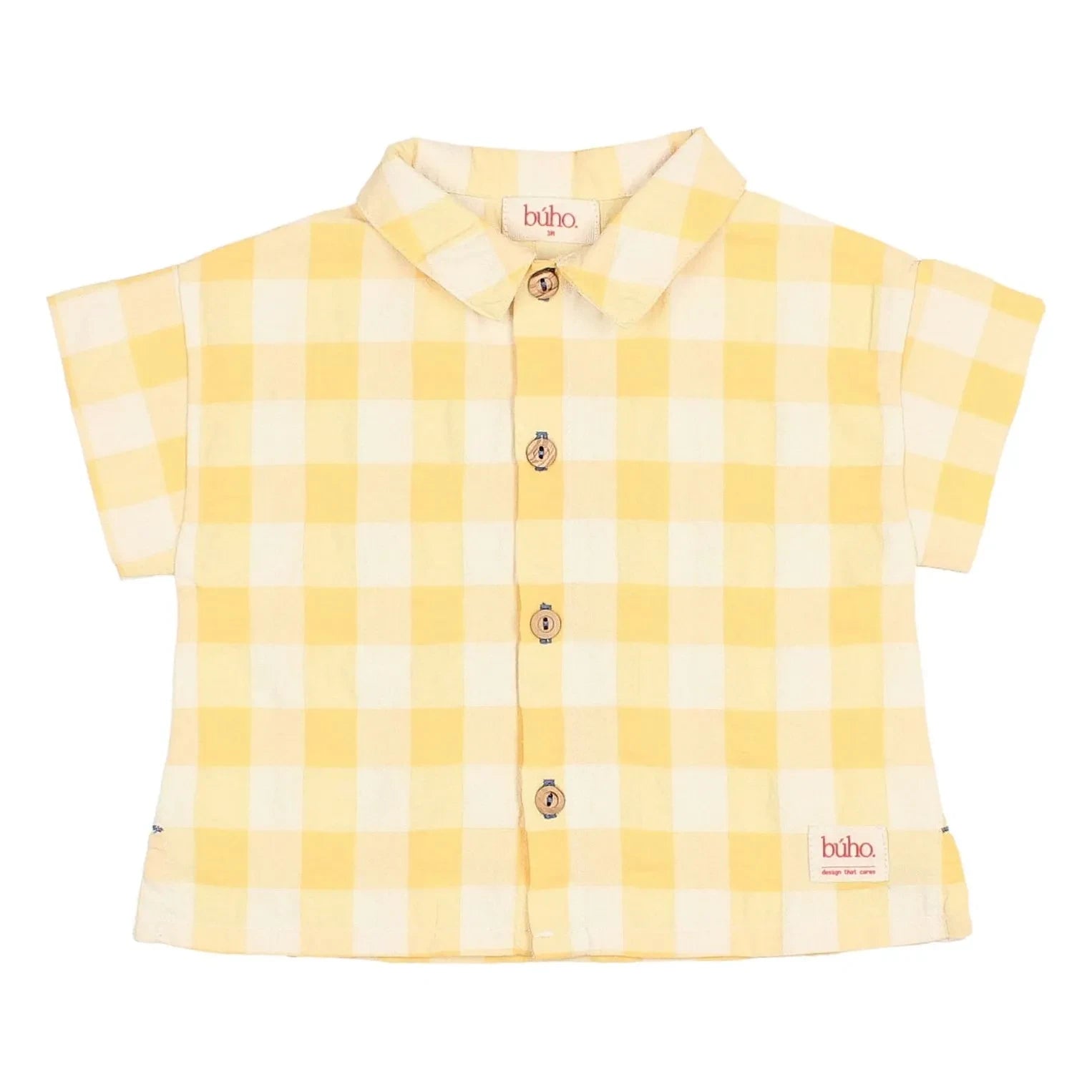 Búho - Camisa de bebé de algodón orgánico seersucker de cuadros vichy amarillos