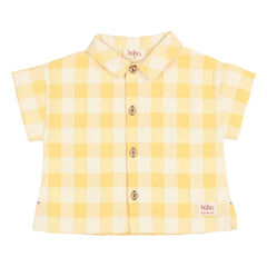 Búho - Camisa de bebé de algodón orgánico seersucker de cuadros vichy amarillos