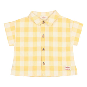 Búho - Camisa de bebé de algodón orgánico seersucker de cuadros vichy amarillos
