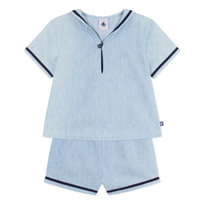 Petit Bateau - Conjunto de Blusa y Cuello Chambray | Azul Claro
