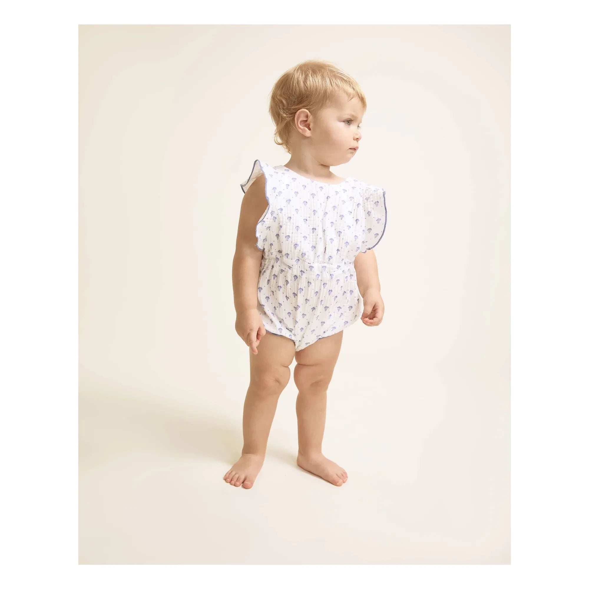 Búho - Mono corto de gasa de algodón con estampado floral de Bali | Azul índigo