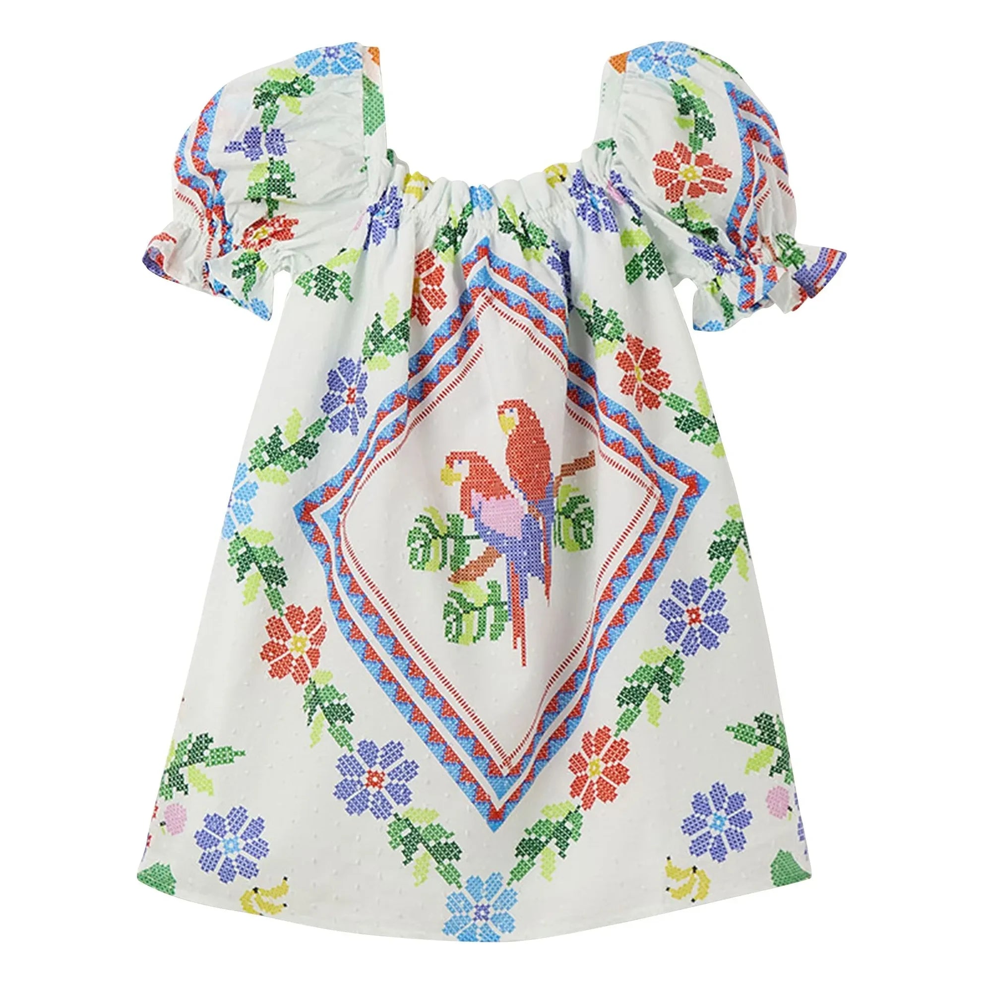 Fabula - Vestido Blanco con Mangas Abullonadas y Estampado Floral