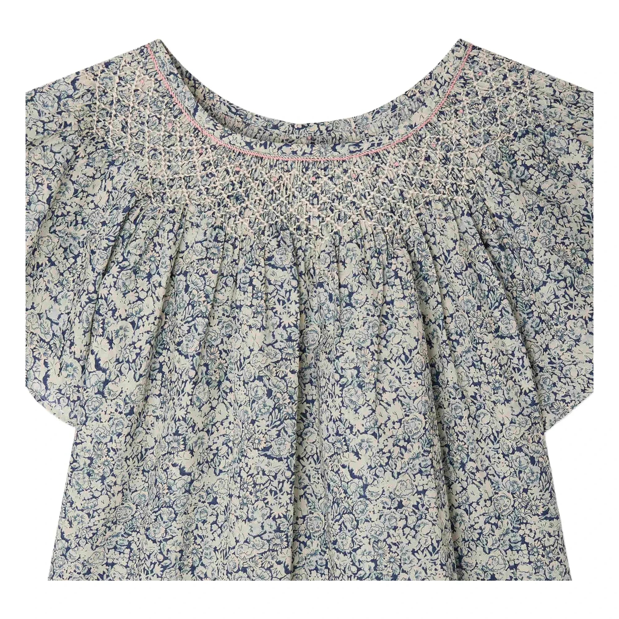 Bonpoint - Blusa Nella Fleurie de algodón orgánico con fruncido | Azul Prusia