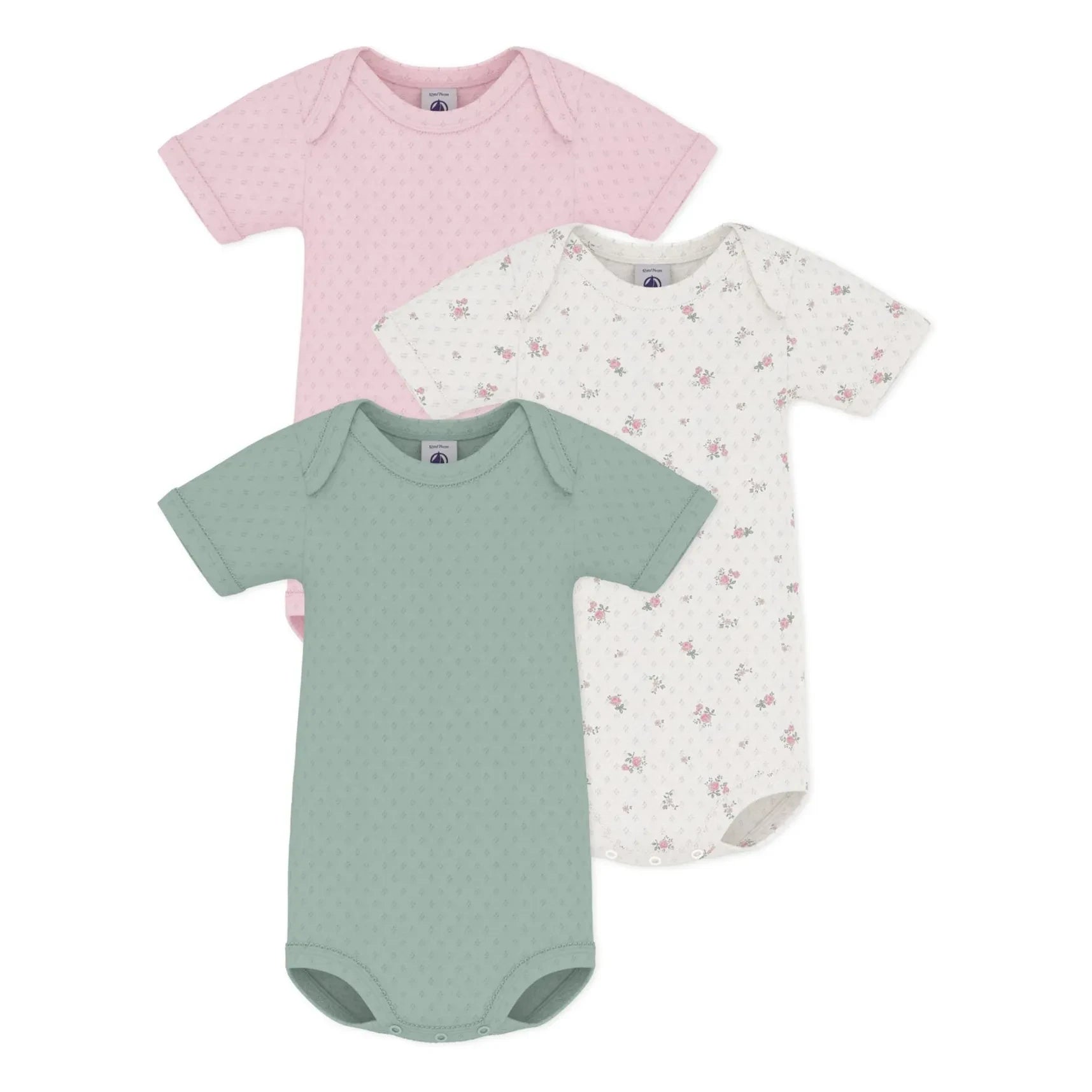 Petit Bateau - Conjunto de 3 bodys perforados de algodón orgánico para bebé | Rosa