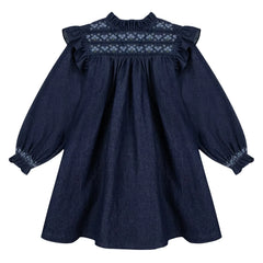 Bonton - Babouchka Pamuklu Chambray Fırfırlı Elbise | Koyu Mavi