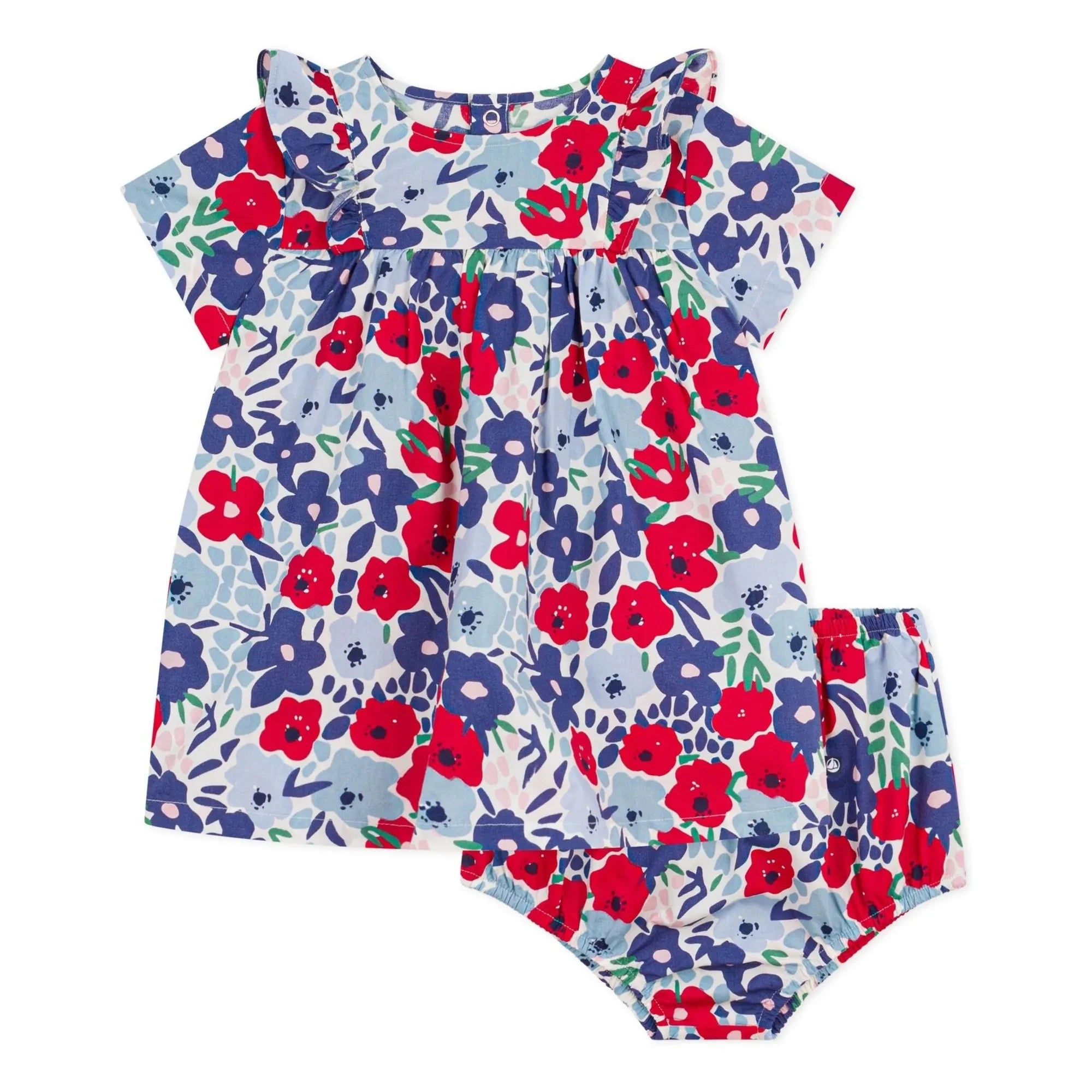 Petit Bateau - Conjunto de vestido y braguita floreados de popelina de algodón orgánico | Azul