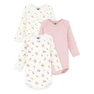 Petit Bateau - Conjunto de 3 Bodys de Flores | Blanco