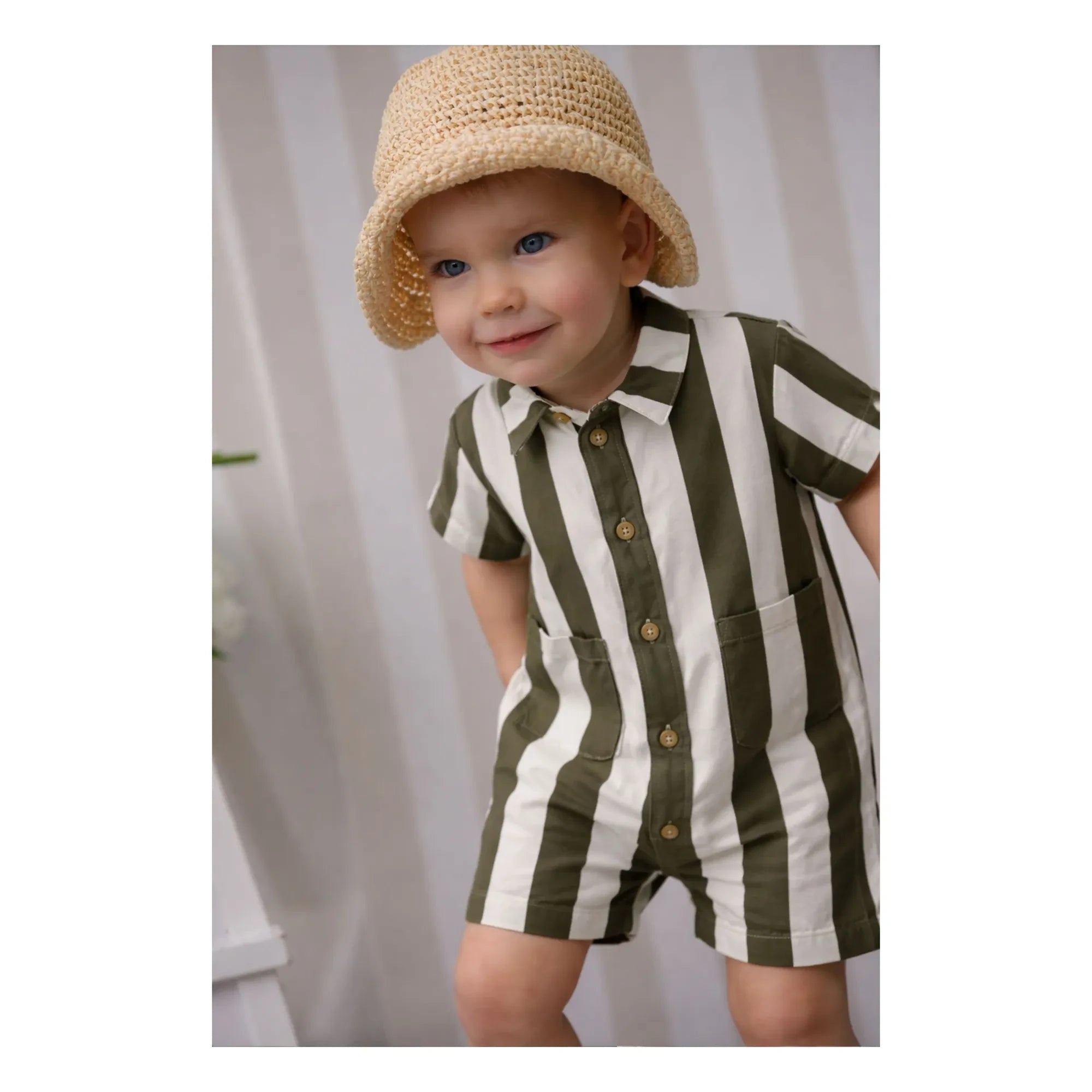 Lililotte - Charly Mono Gabardina de Algodón Orgánico a Rayas | Oliva