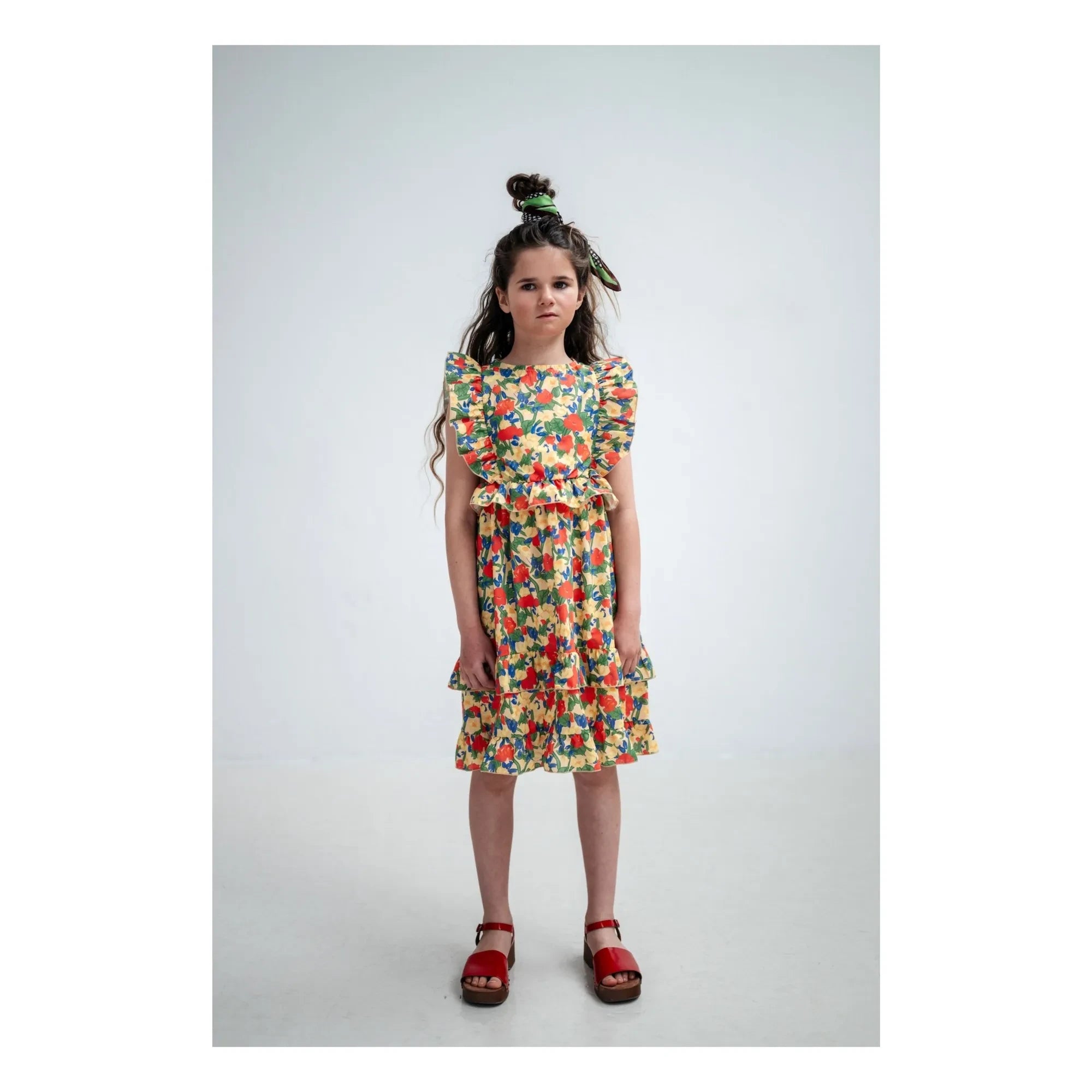Repose AMS - Vestido de algodón orgánico con estampado floral y volantes | Amarillo claro