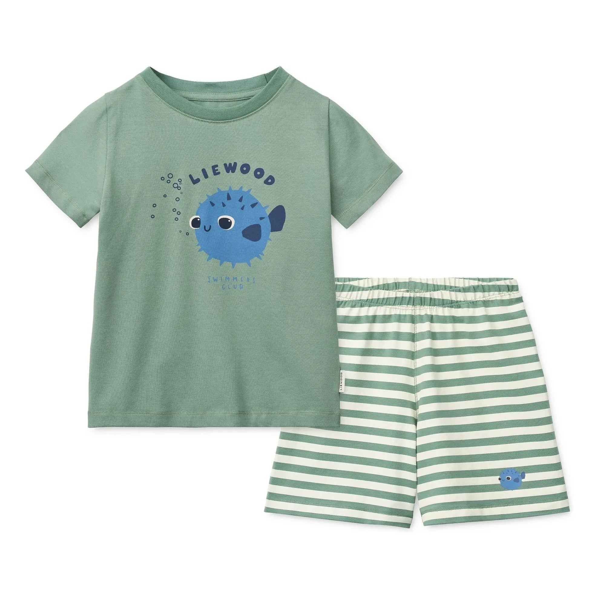 Liewood - Conjunto de camiseta y pantalón corto de algodón orgánico con estampado de pez globo | Verde