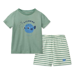 Liewood - Conjunto de camiseta y pantalón corto de algodón orgánico con estampado de pez globo | Verde