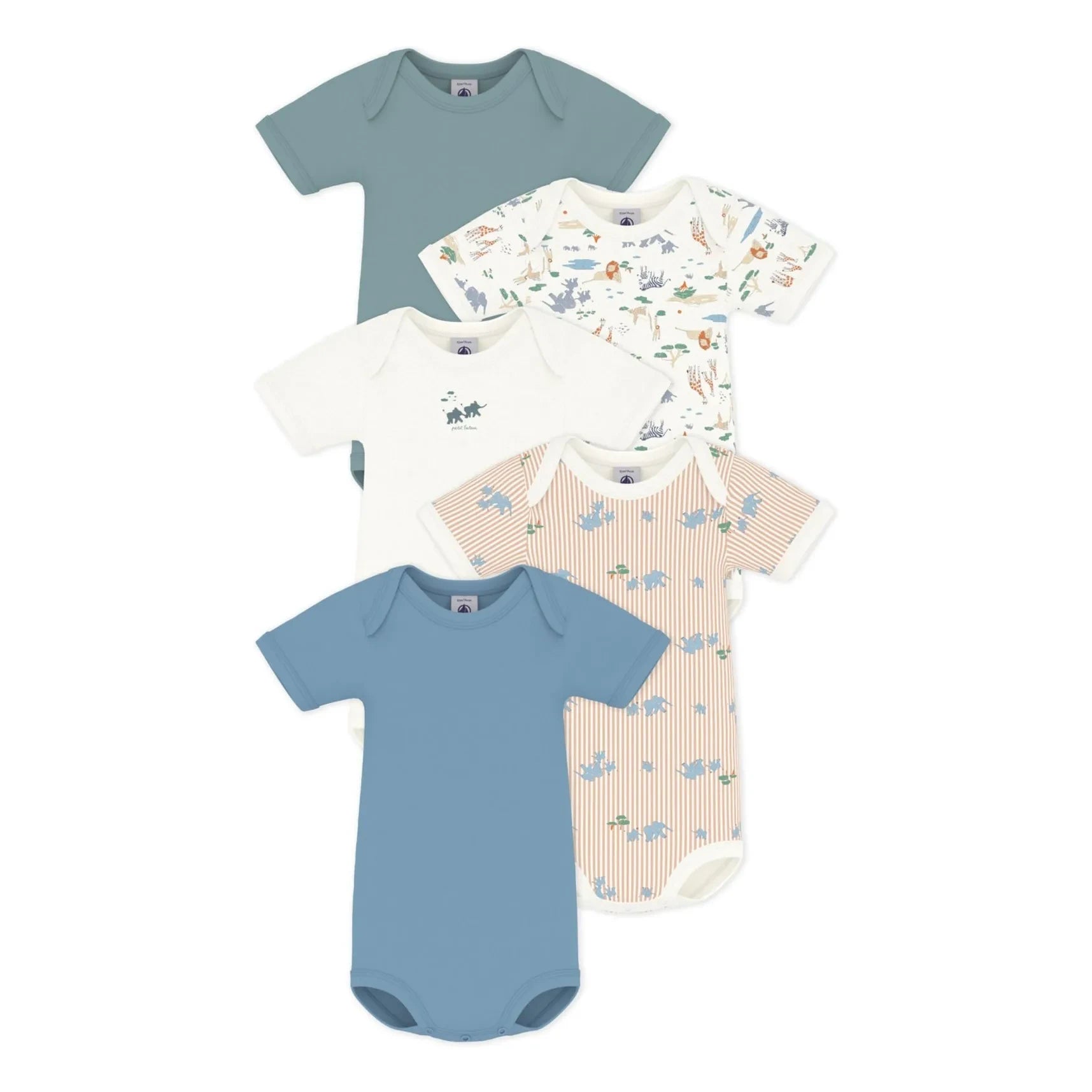 Petit Bateau - Conjunto de 5 Bodys de Algodón Orgánico con Estampado de Animales | Azul