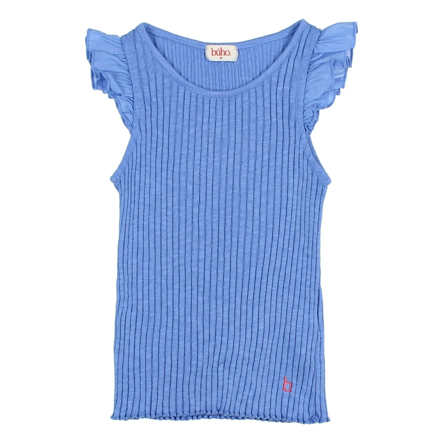 Búho - Camiseta de tirantes acanalada con volantes de algodón orgánico | Azul celeste