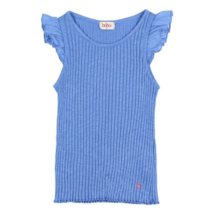 Búho - Camiseta de tirantes acanalada con volantes de algodón orgánico | Azul celeste