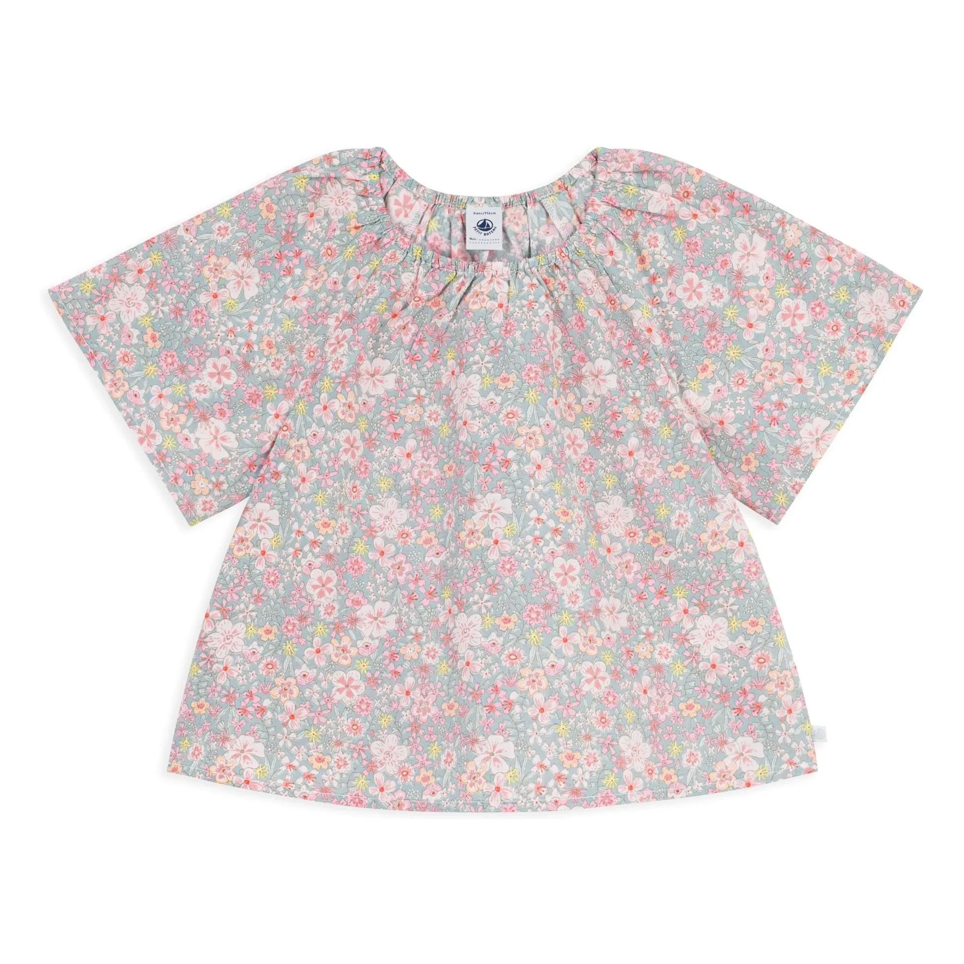 Petit Bateau - Blusa suelta de algodón con ribetes florales | Gris azulado