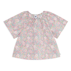 Petit Bateau - Blusa suelta de algodón con ribetes florales | Gris azulado