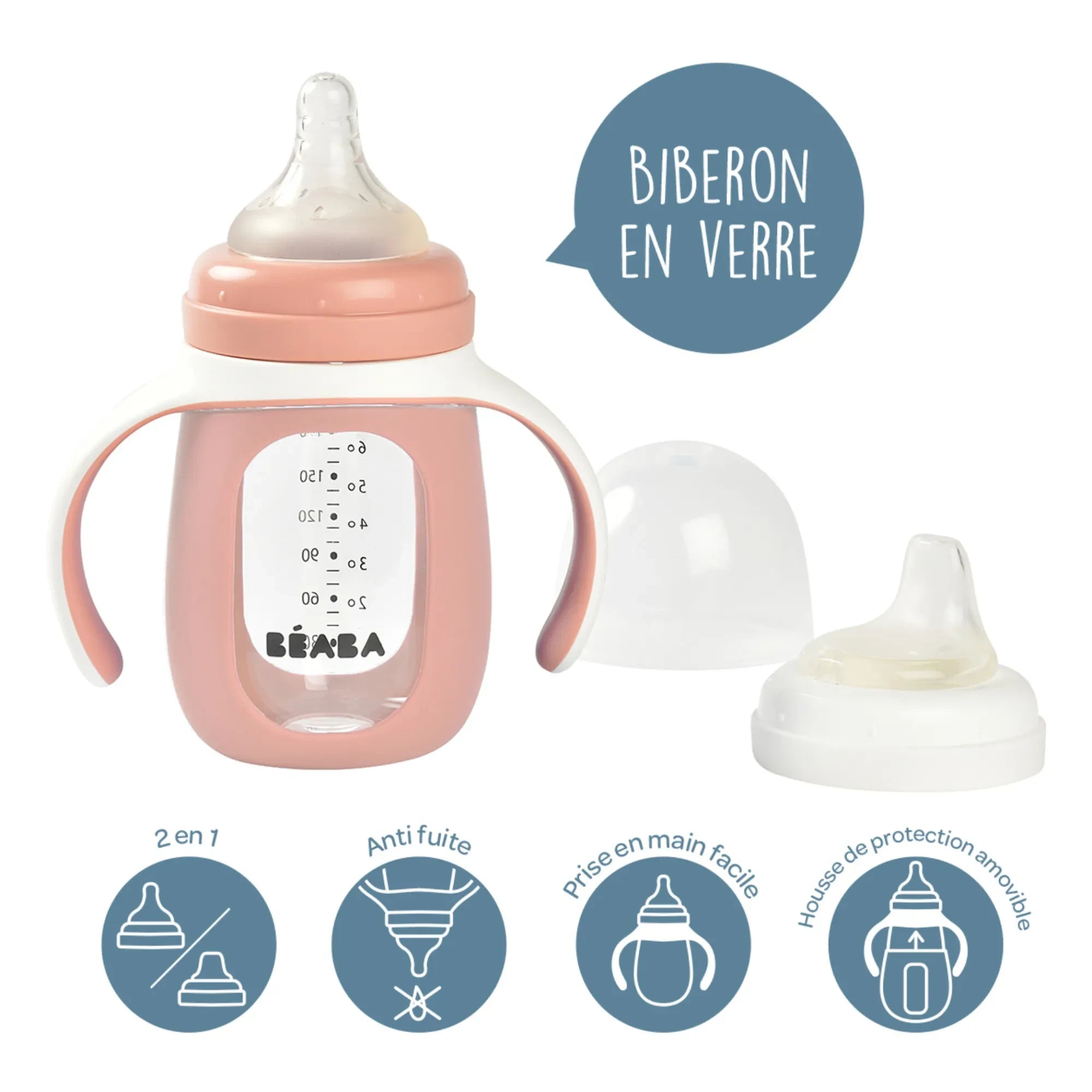 Béaba - Biberón de aprendizaje de cristal | Rosa empolvado
