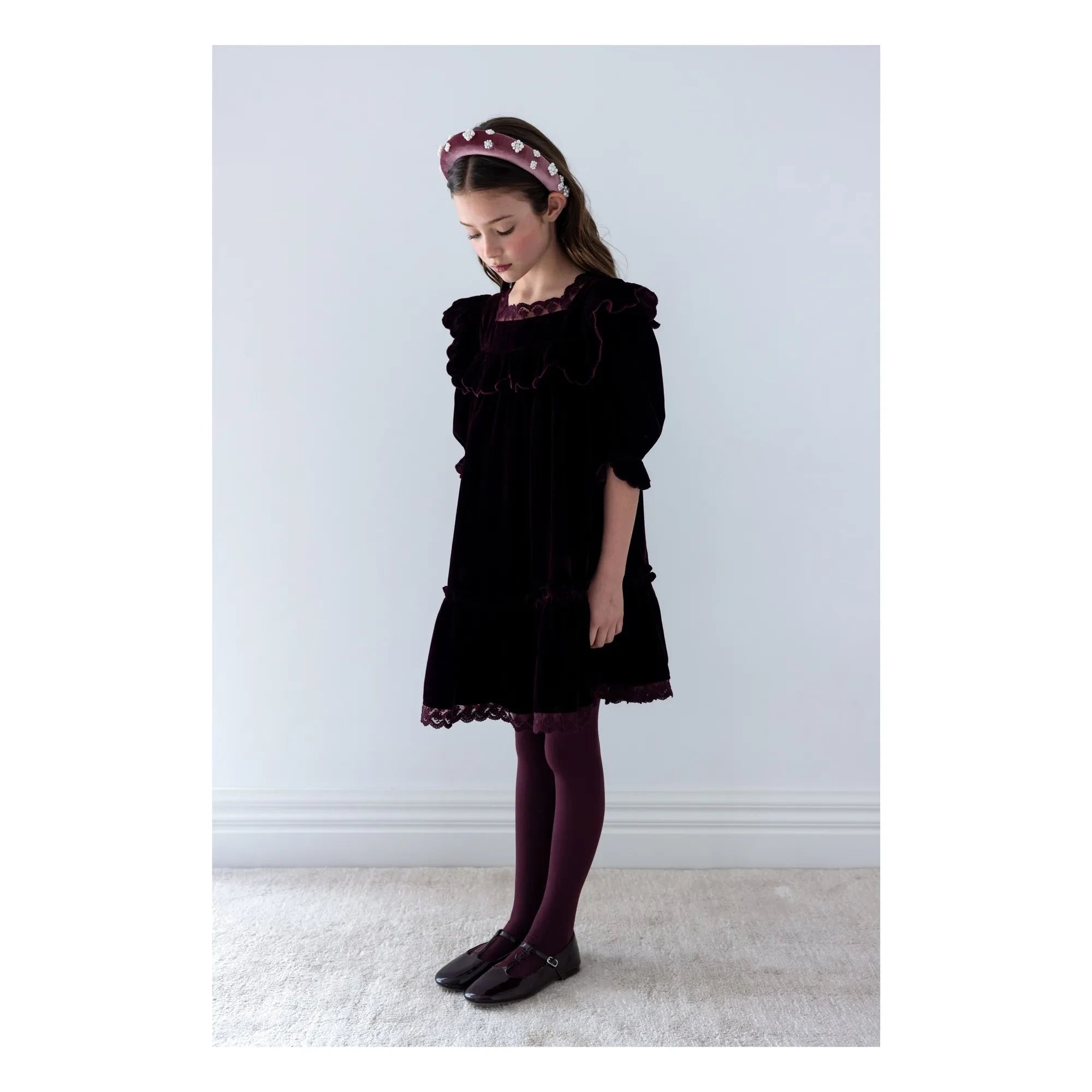 petite Amalie - Kadife Dantel Kare Yaka Elbise | Plum