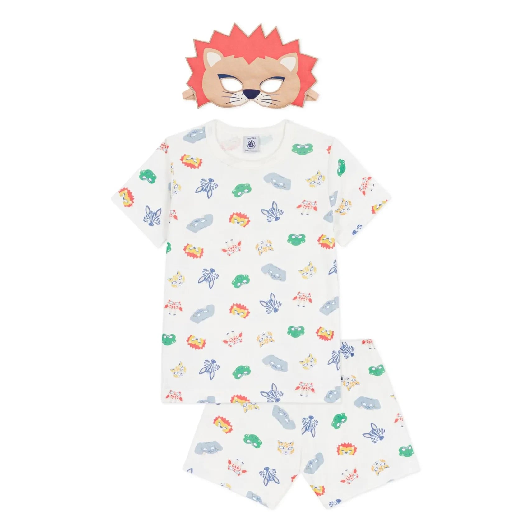 Petit Bateau - Conjunto de pijama corto con máscara de león de algodón orgánico | Blanco